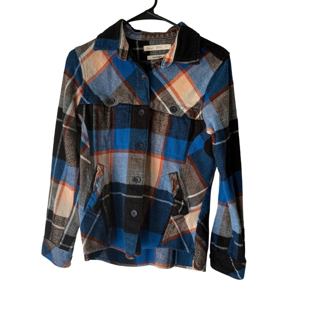 Woolrich Plaid Button Up Shirt Jacket Blue Orange Black Womens S P Outdoor Cabin - Picture 1 of 11